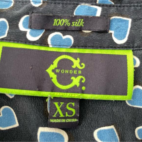 C. Wonder Button-Down Silk Blouse | XS | Navy Blue Heart Print - Picture 2 of 5